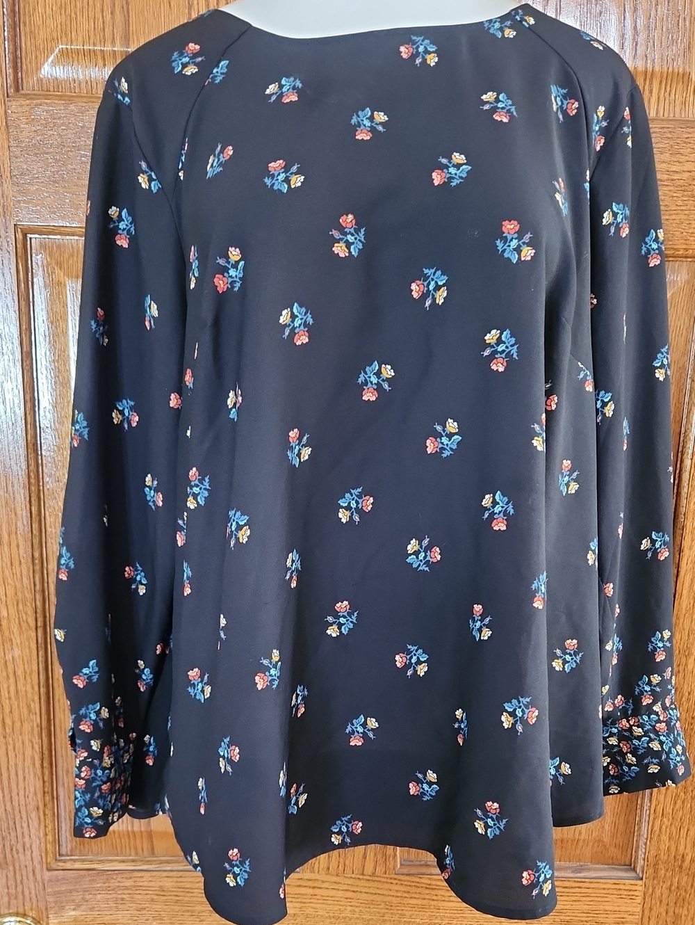 LOFT Black Long-Sleeve Floral Blouse with Blue, Red, and Yellow Accents 18